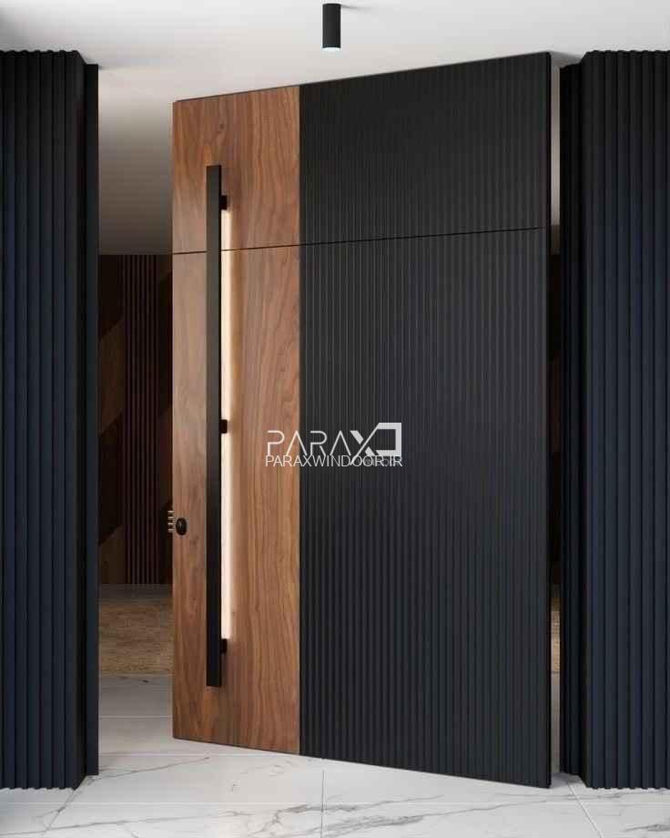 درب ایمنی لولا پیوت با رنگ پلی اورتان و چوب گردو