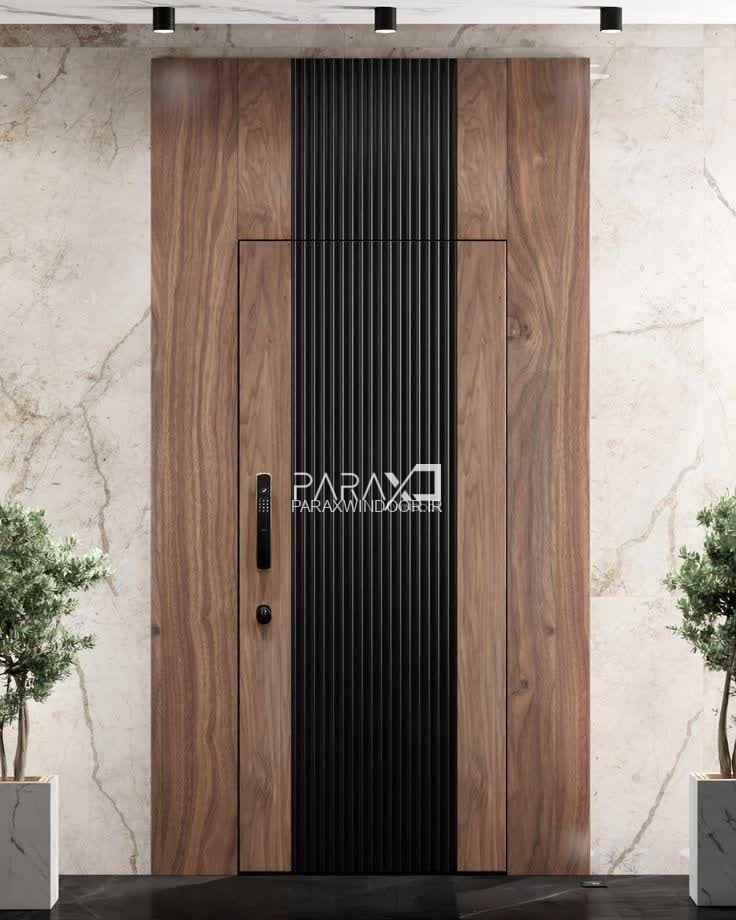 درب ایمنی فریم لس با CNC برجسته و روکش گردو