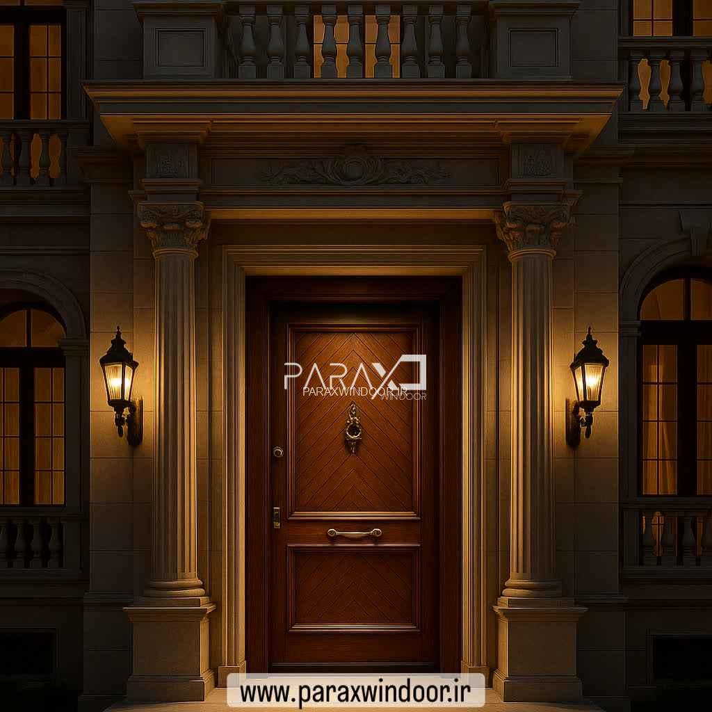 درب  ایمنی جناغی دو قاب با روکش گردو